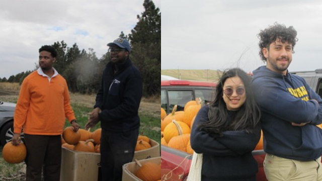 Two images of students standing by a large box and the bed of a truck filled with pumpkins.