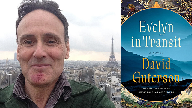 On the left: portrait of David Guterson with Paris in the background; on the right: the book cover for “Evelyn in Transit”