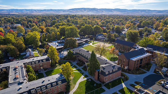 An aerial view of Whitman Campus, including several residence halls and Cleveland Commons.