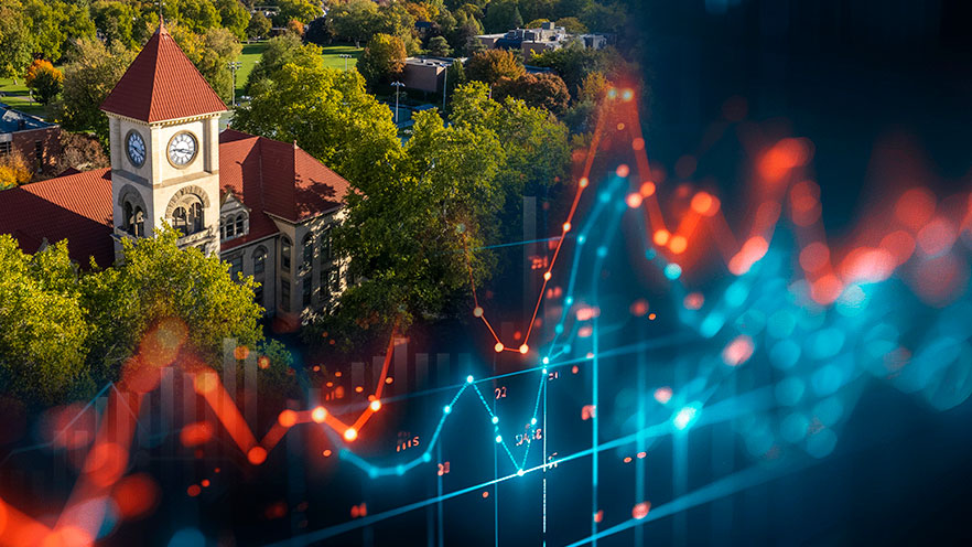 A digital bar graph in the foreground with the Whitman Clock Tower visible behind it.