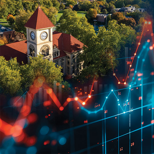 Collage of the Memorial Building clock tower and a computer screen showing stock prices