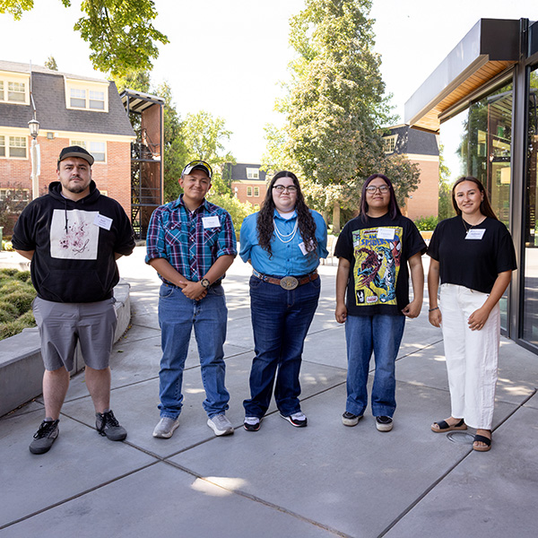 The 2025 Šináata Scholars standing outside Cleveland Commons (from left): Joel Satterwhite, Oscar Huesties, Addison Jones-Kosey, Lauralee Stanger and Addison Carey