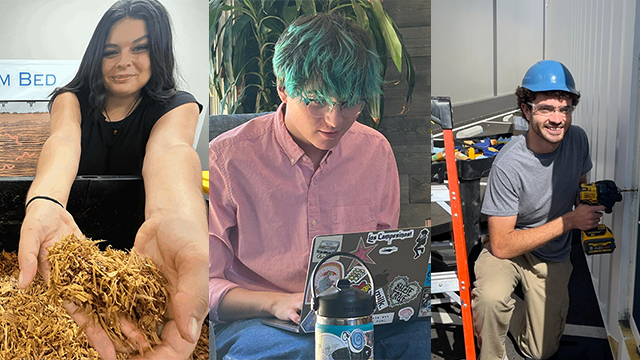 A trio of images of students on the job in their internship environments.