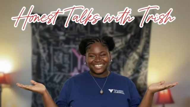 Trish Rice stands with palms up underneath text that reads “Honest Talks with Trish”