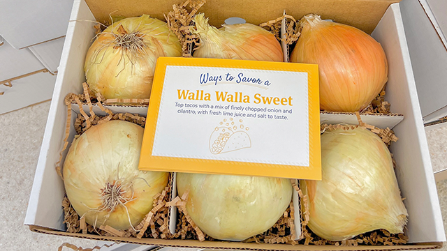 A divided box containing six Walla Walla sweet onions.