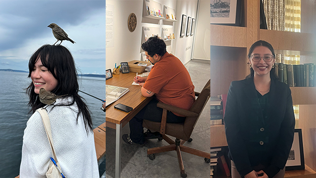 A trio of images (from left): Catherine Gallo with a bird on her head, Augi Ramirez Jr. seated at a desk, and Lilian Garcia Vargas, standing in front of a bookshelf.