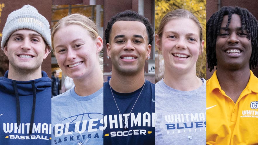 A collage of five students, each wearing clothes promoting Whitman athletics.