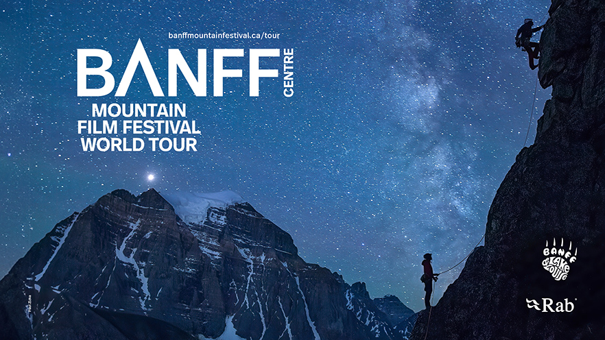 A night photo of two climbers scaling a mountain with a starry sky in the background; added text includes “Banff Centre Mountain Film Festival World Tour”