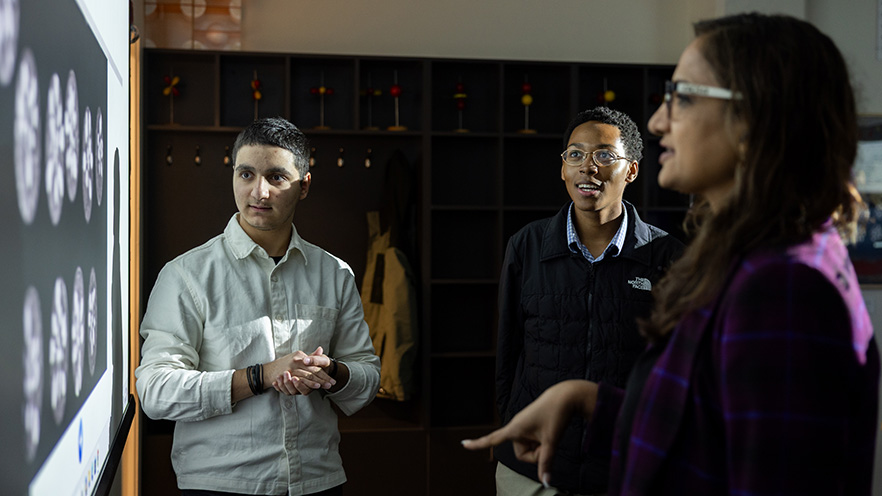 Two students and their professor discuss an image on a large display monitor.