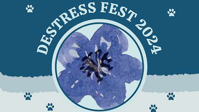 An illustration with a watercolor flower in a circle plus light-colored text: “Destress Fest 2024”