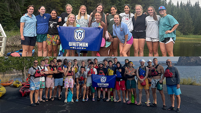 Split image: The women’s basketball team (top) and men’s basketball team (bottom), each group posing outdoors with a “Whitman Blues” flag.