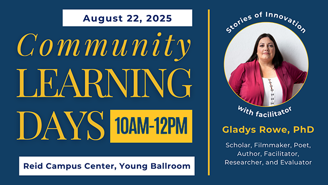 White and yellow text on a blue background describing the event and an image of facilitator Gladys Rowe in a circle on the right.