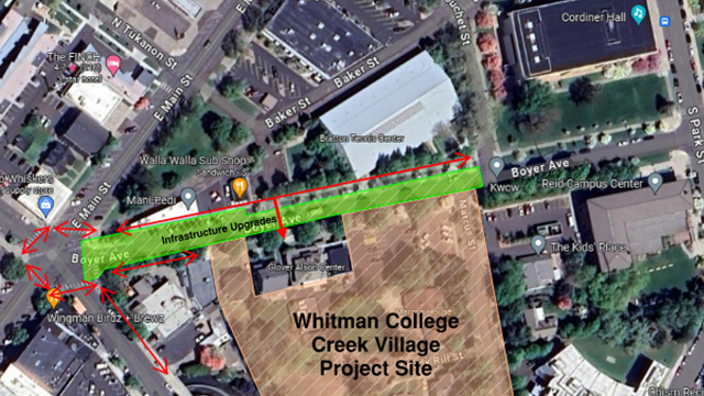 An overhead map of a portion of Whitman Campus with red arrows indicating pedestrian routes and green shading indicating the road closure.