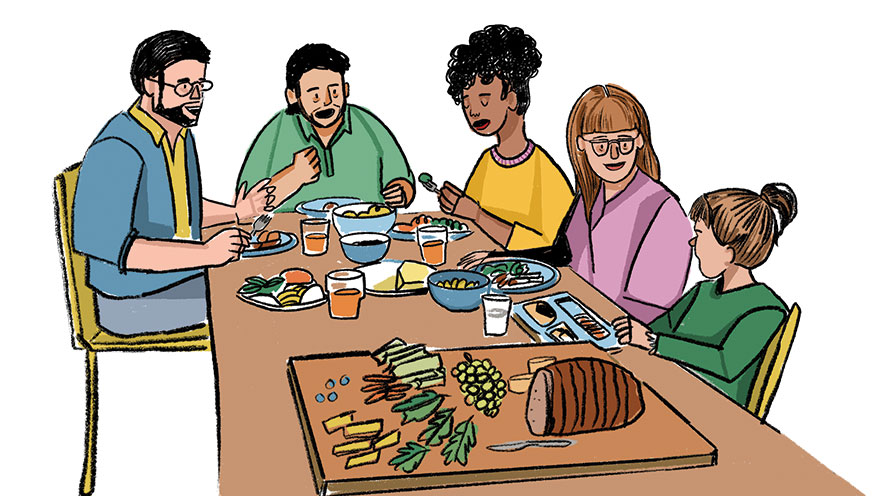 An illustration of friends and family eating dinner together around a table.