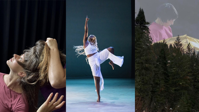 A trio of images. In the left panel, a person’s hair is being pulled. In the middle, a dancer on one leg points to the sky. On the right, the person’s image appears in a gray sky above some evergreen trees.