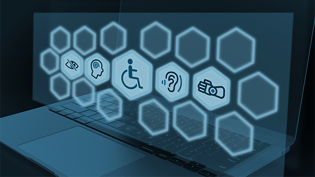 An illustration showing a floating display of accessibility icons in front of an open laptop computer.