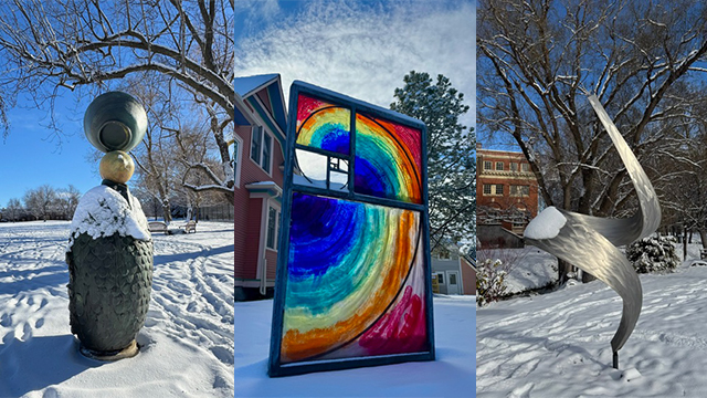 A trio of images of outdoor sculptures in snow-covered locations.