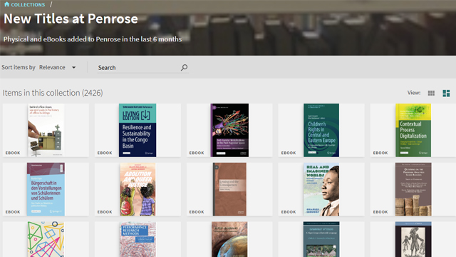 Screenshot showing a grid of book covers under the heading “New Titles at Penrose”