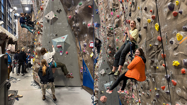 Two side-by-side photos of students on a climbing wall.