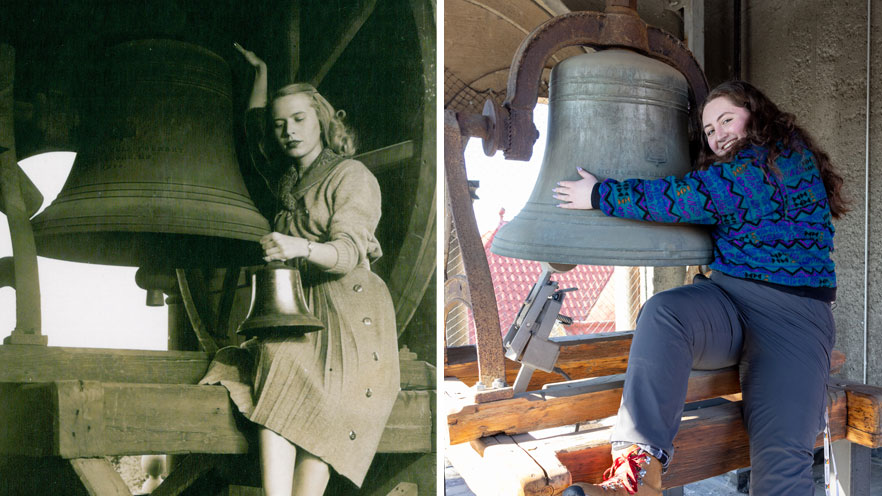 Side by side photos (one black and white, one in color) of two people leaning on a giant bell.
