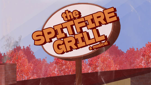 An illustration of a circular restaurant sign with the text “the SPITFIRE GRILL a musical”.