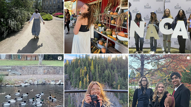 A grid of photos showing students in a variety of locations.