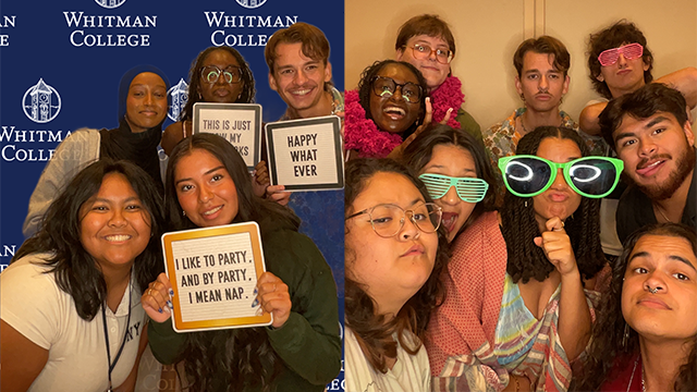Two photos taken in a photo booth, each with a group of students posed together.