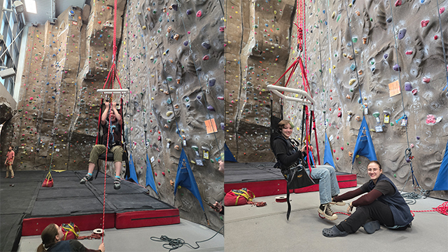 Two photos at the Whitman College Climbing Center. Both photos show a student sitting in the accessible climbing seat while smiling at the camera.