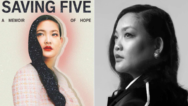 On the left, Amanda Nguyen on the cover of her memoir “Saving Five” and on the right a black and white profile photo of Nguyen.