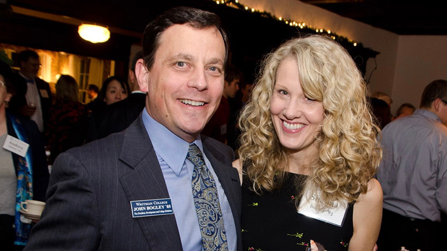 John Bogley (left) and Shauna Lilly Bogley (right) pose together at a social event.