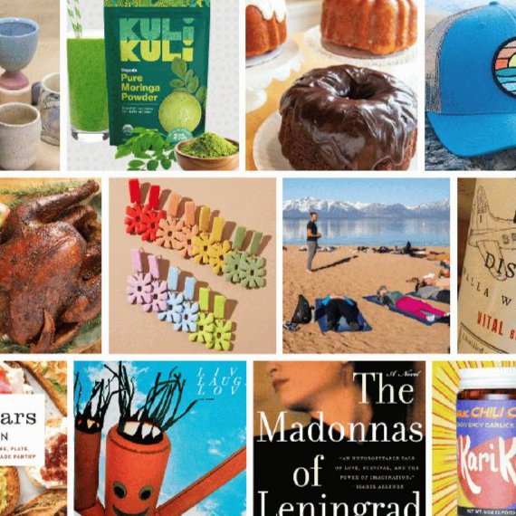 A collage of holiday gift ideas (plants and seeds, ceramics, snacks, a hat, a turkey, earrings, outdoor gear, wine and spirits, books, etc.)