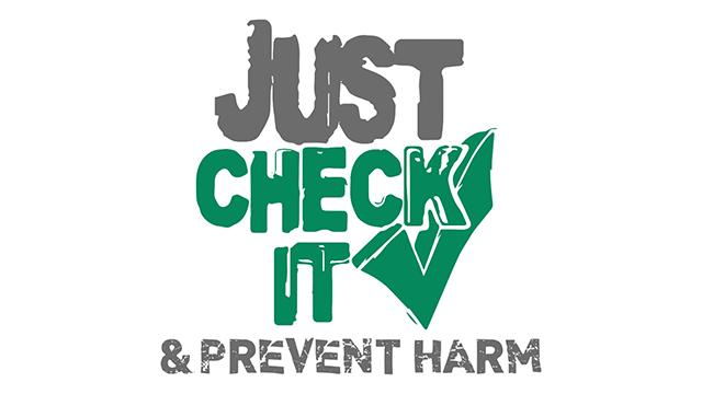 Gray and green text on a white background: “Just Check It & Prevent Harm”