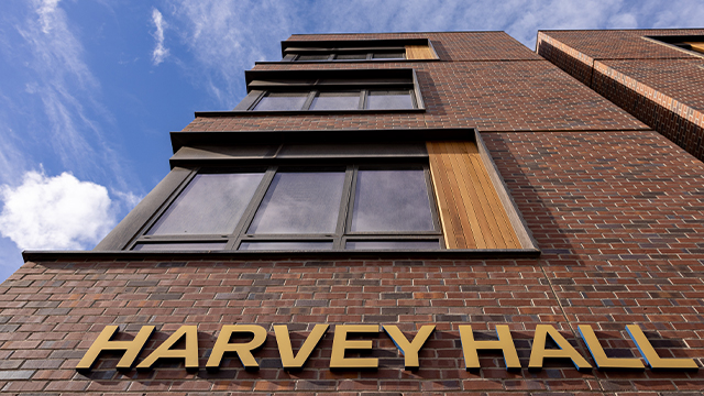 One corner of Harvey Hall as seen looking upward from ground level