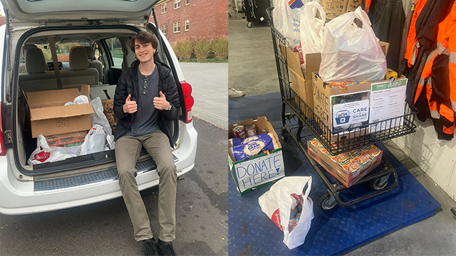 On the left, Danny Pottharst sits on the back bumper of a vehicle with boxes and bags of food; on the right, boxes and bags of food in a shopping cart.