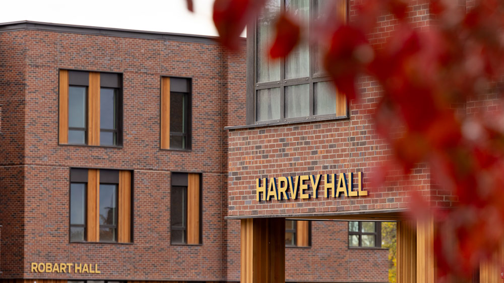 A close up of Harvey Hall with Robart Hall in the background.