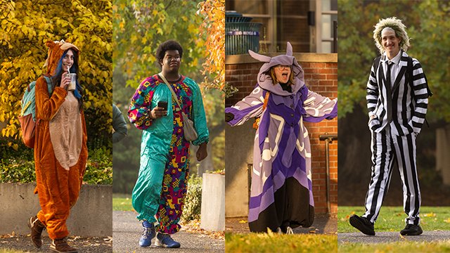 Four photos of students wearing costumes and walking on campus.