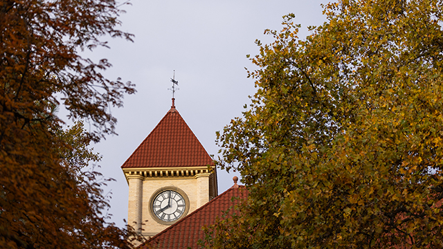 The Memorial Building clock tower is seen between the branches of two large trees.