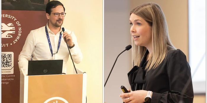 Camille Martini, photographié à l'occasion d'une présentation en décembre 2023 à la COP28 de Dubaï sur les changements climatiques, et Janie Lépine, lors d'une présentation dans le cadre de la 12e Journée de la recherche de la Faculté des sciences de l'éducation en mars 2024