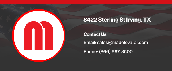 MAD logo and contact info over a waving American Flag