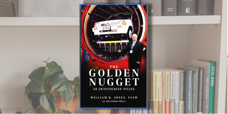 Golden Nugget book superimposed on a small library shelf