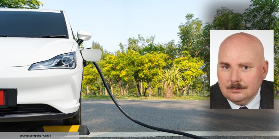 EV charging and professional headshot of industry exec