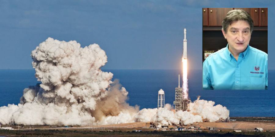 Mike Grande's video clip overtop an image of a rocket launching