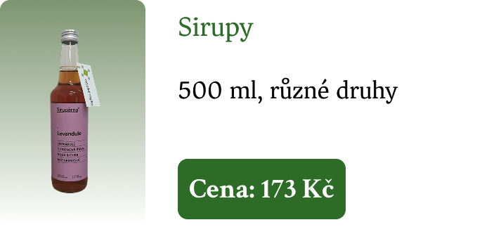 Sirupy: 500 ml, různé druhy, Cena: 173 Kč Sirupy: 500 ml, různé druhy, Cena: 173 Kč