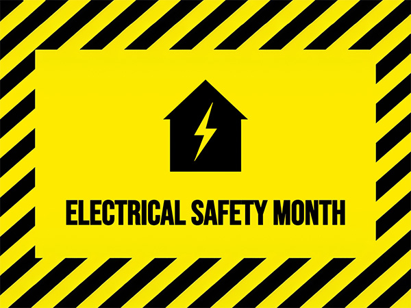 Electrical Safety Month- Image: lighting bolt in house icon with yellow caution background
