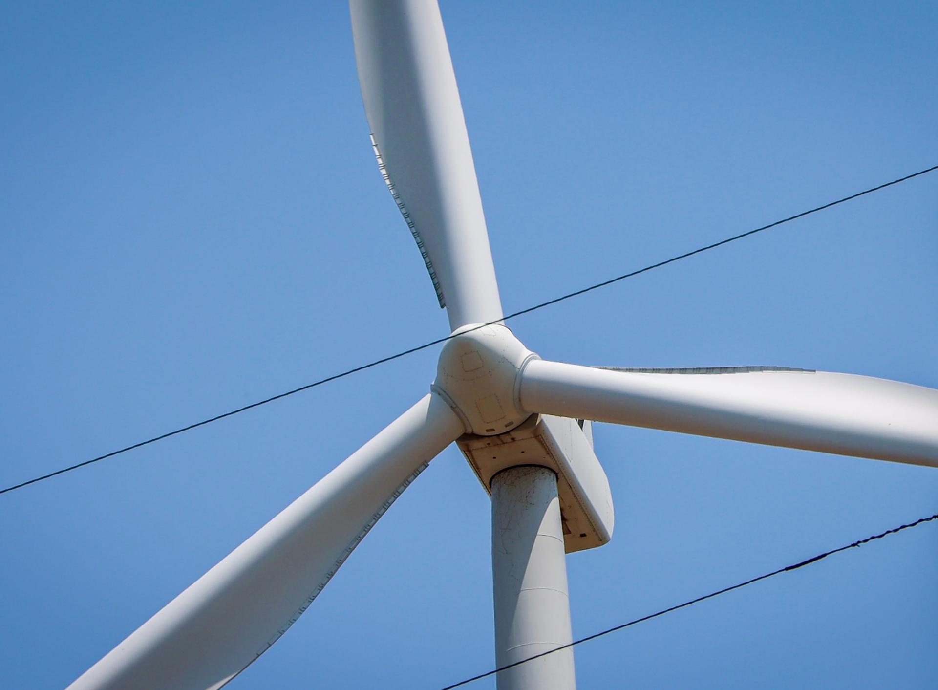 Close up image of a wind turbine.