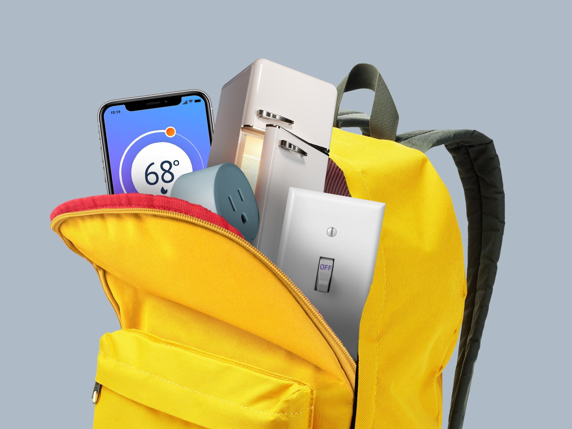Photo image of a yellow back pack on a grey background with images of a cell phone, smart plug, refrigerator, and a light switch in the unzipped opening.