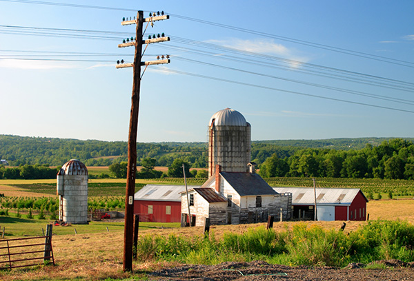 Barn and silos in countryside near powerlines.