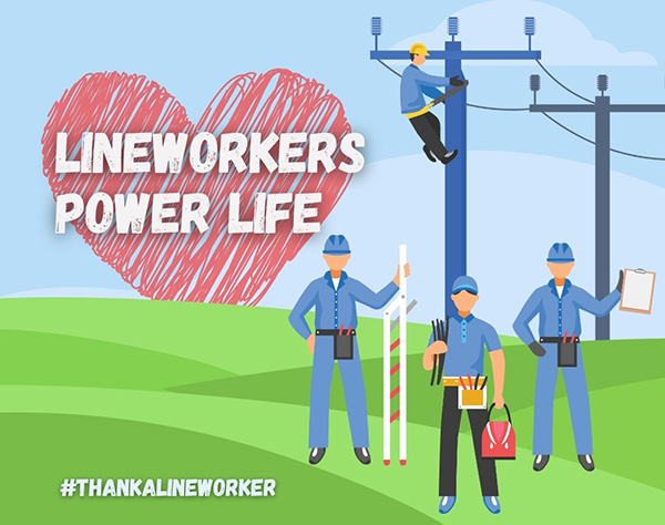 Lineworkers power life. - Photo: illustration of four lineworkers in field.