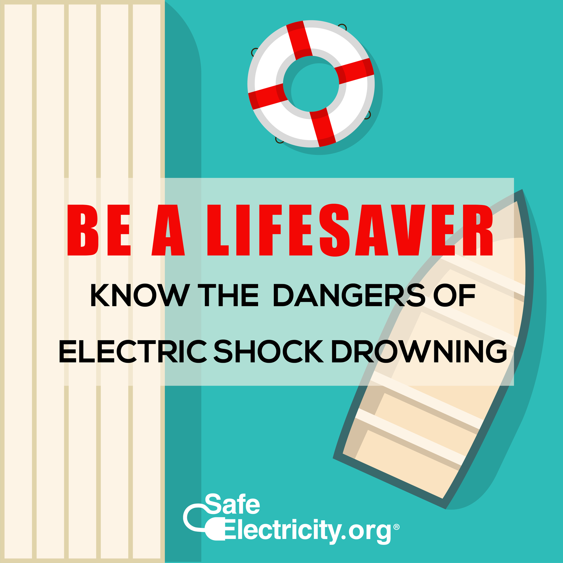 Infographic of a boat in blue background with a life-ring and the words, “Be a Lifesaver: Know the Dangers of Electric Shock Drowning” and the Safe Electricity.org logo