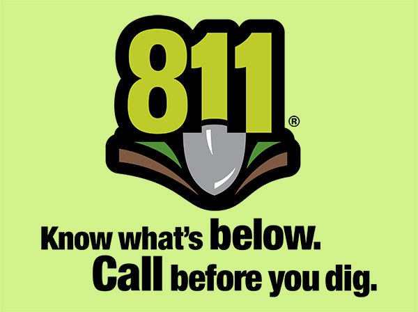 811 logo; Know what's below. Call before you dig.